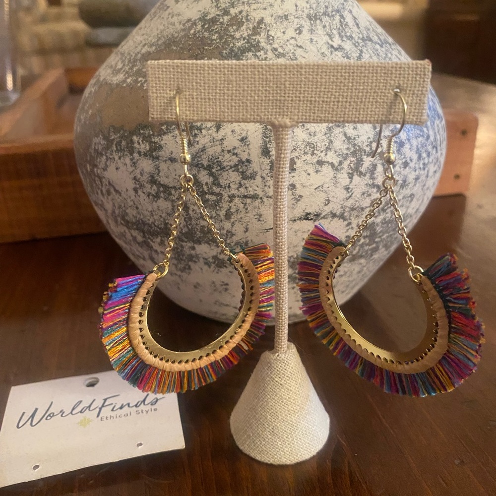 Boho Multi Colored Fringe Hoop Drop Earrings